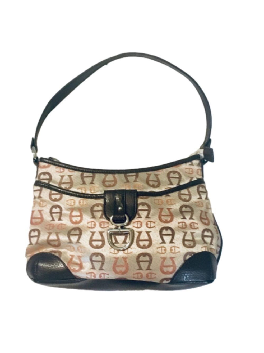 ETIENNE AIGNER Vintage Brown and Tan Signature Jacquard Shoulder Bag Purse